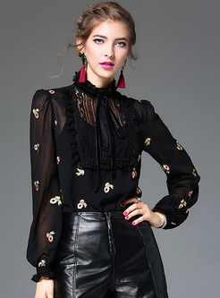 Hollow Out Flounced Embroidery Lace-up Blouse