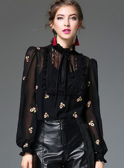 Hollow Out Flounced Embroidery Lace-up Blouse