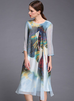 Plus Size Patch Mesh Print Silk Shift Dress