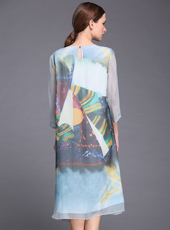 Plus Size Patch Mesh Print Silk Shift Dress