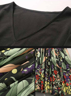 Ethnic Chiffon V-neck Print Patchwork Maxi Dress
