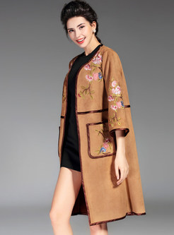 3/4 Sleeve Embroidery Suede Trench Coat