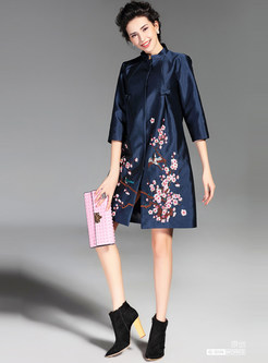 Oversize 3/4 Sleeve Floral Embroidery Coat