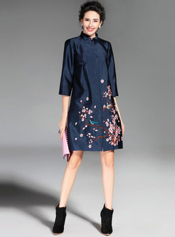 Oversize 3/4 Sleeve Floral Embroidery Coat