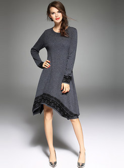 Asymmtric Lace 100% Wool Knitted Dress