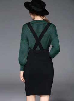 Elegant Green Sweater & Slim Skinny Suspender Skirt