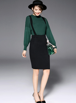 Elegant Green Sweater & Slim Skinny Suspender Skirt
