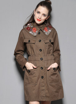 Turn Down Collar Embroidery Pocket Patch Slim Trench Coat
