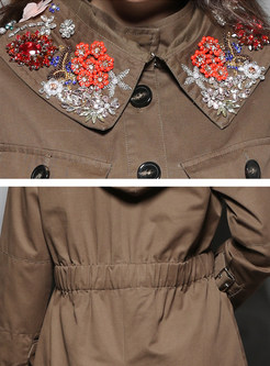 Turn Down Collar Embroidery Pocket Patch Slim Trench Coat