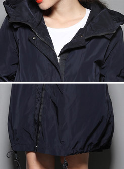 Hooded Collar Zipper Asymmetric Knee-Length Trench Coat