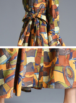 Ethnic Geometric Print Lapel Waist Pleat Maxi Dress