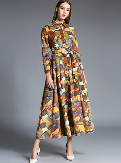Ethnic Geometric Print Lapel Waist Pleat Maxi Dress