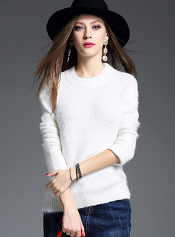 White O-neck Pullover Mohair Knitted Sweater