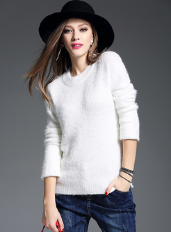 White O-neck Pullover Mohair Knitted Sweater