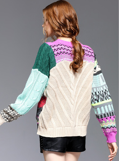 Loose Color-blocked Crochet-paneled Sweater