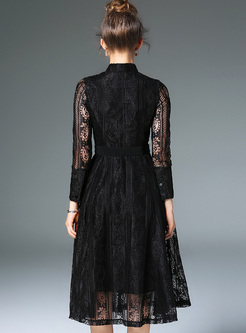Brief Black Lace High Waist A-line Dress