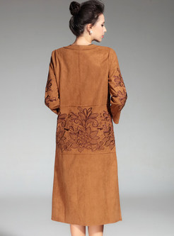 O-neck 3/4 Sleeve Embroidery Suede Trench Coat