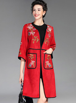 3/4 Sleeve Embroidery Suede Trench Coat