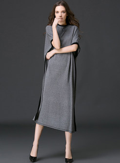Plus Size Loose Split Stand Collar Long Patch Knit Dress