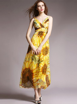 High Waist Big Hem Floral Print Maxi Dress