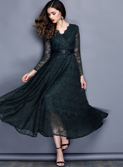 Elegant Lace Perspective Big Hem Waist Maxi Dress