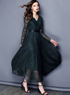 Elegant Lace Perspective Big Hem Waist Maxi Dress