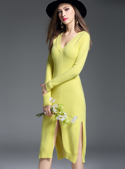 Yellow Sexy Split Skinny Knitted Dress