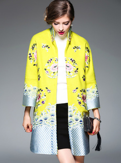 Loose Color-blocked Embroidery Stand Collar Coat