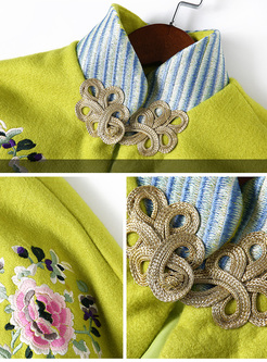 Loose Color-blocked Embroidery Stand Collar Coat