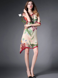 Asymmetric Hit Color Floral Print Shift Dress