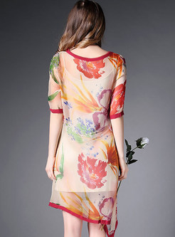 Asymmetric Hit Color Floral Print Shift Dress