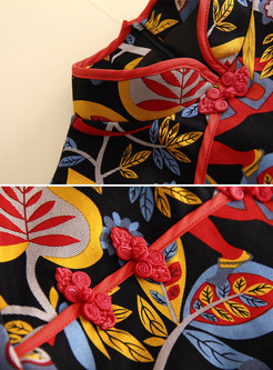 Ethnic Stand Collar Floral Print 3/4 Sleeve Skater Dress