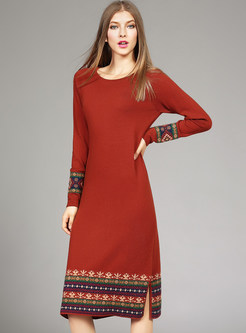 Retro Floral Print Wool Knitted Dress