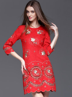 3/4 Sleeve Hollow Embroidery Shift Dress