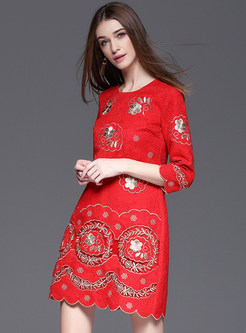 3/4 Sleeve Hollow Embroidery Shift Dress