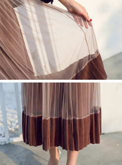 Fashion Pleat Stitching Mesh Skirt