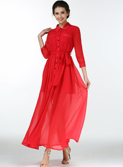 Turn Down Collar High-Waist Asymmetric Maxi Dress