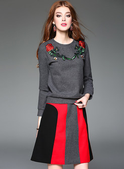 Embroidery Casual Sweater & Striped Hit Color Skirt Outfits