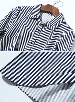 Turn Down Collar Striped Asymmetric Three Quarters Sleeve Shift Dress