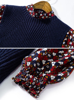 Flounced Print Color-block Blouse & O-neck Knit Vest