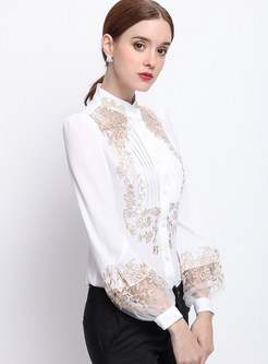 Fashion Lace Embroidered Stand Collar Blouse