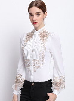 Fashion Lace Embroidered Stand Collar Blouse