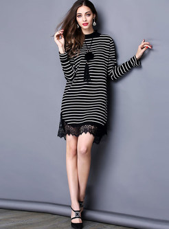 Stand Collar Lace Patch Striped Brief Knit Dress
