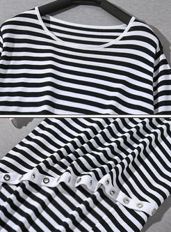 Fashion Stripe O-neck Asymmetrical T-shirt