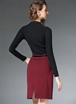 Brief Vertical Stripe Belted Skinny Dress