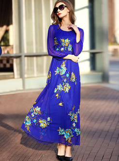 Elegant Floral Print High Waist Silk Long Dress