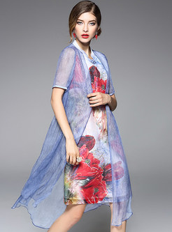 V-Neck Floral Silk Fake Two Piece Short Sleeve Shift Dress