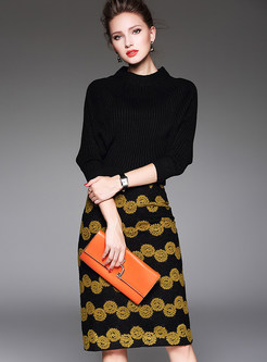 Casual Knitted Tops & Print Slim Skirt Suits