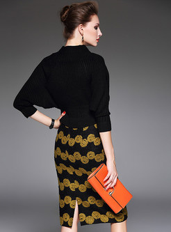 Casual Knitted Tops & Print Slim Skirt Suits
