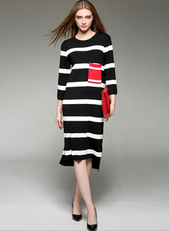 Brief Monochrome Color-matched Patch Knitted Dress